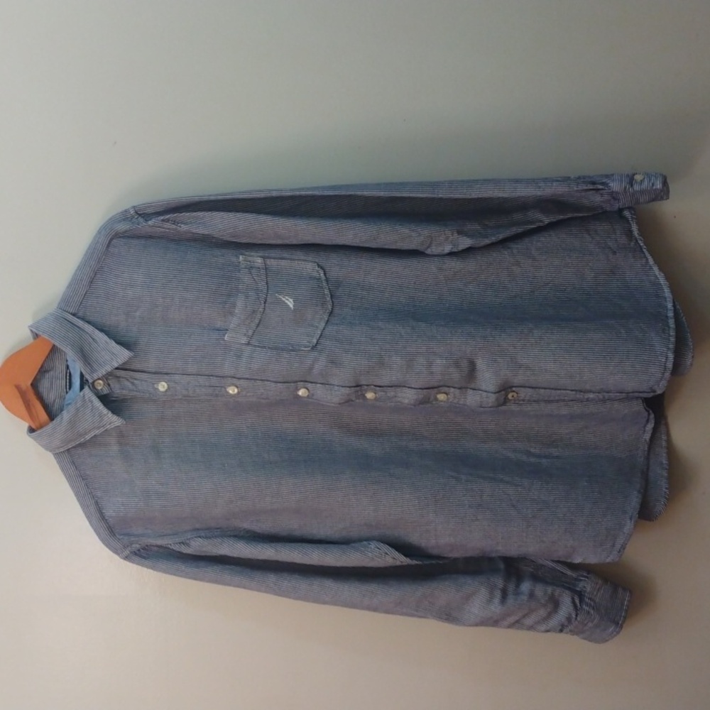 Nautica Blue & White Stripe Linen/Rayon Summer Shirt (Large)